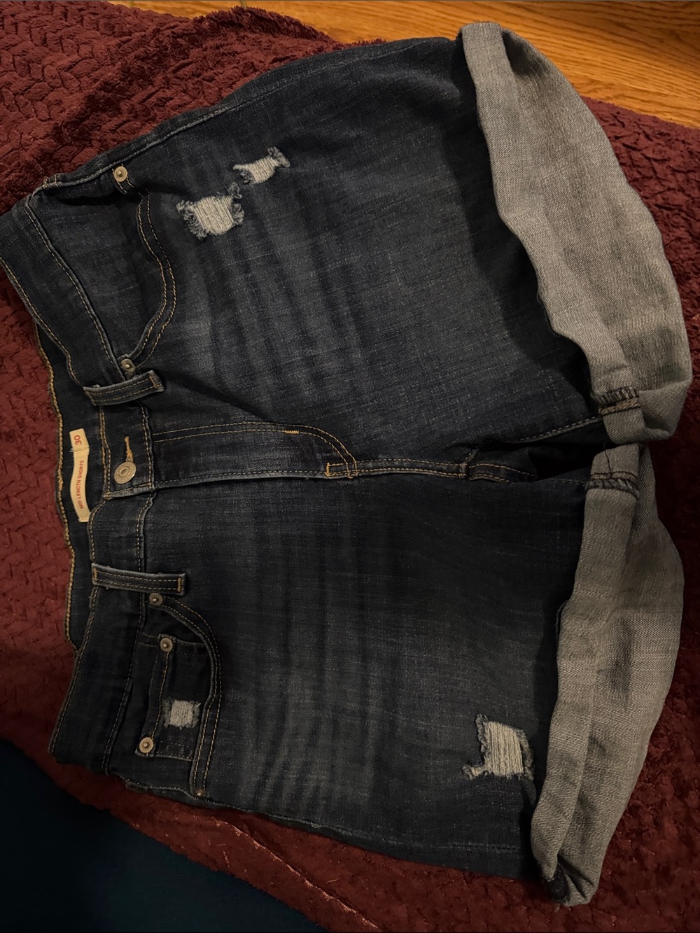Levi's Dark Blue Distressed Rolled Cuff Jean Shorts